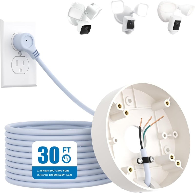 iTODOS Plug-in Mount for Floodlight Cams with 30ft/9m Weatherproof Power Cable for Floodlight Cam Wired Plus/Pro,WYZE Floodlight Camera v2/Pro,Blink Wired Floodlight Camera,Electrical Box and Cord Kit - Image 1